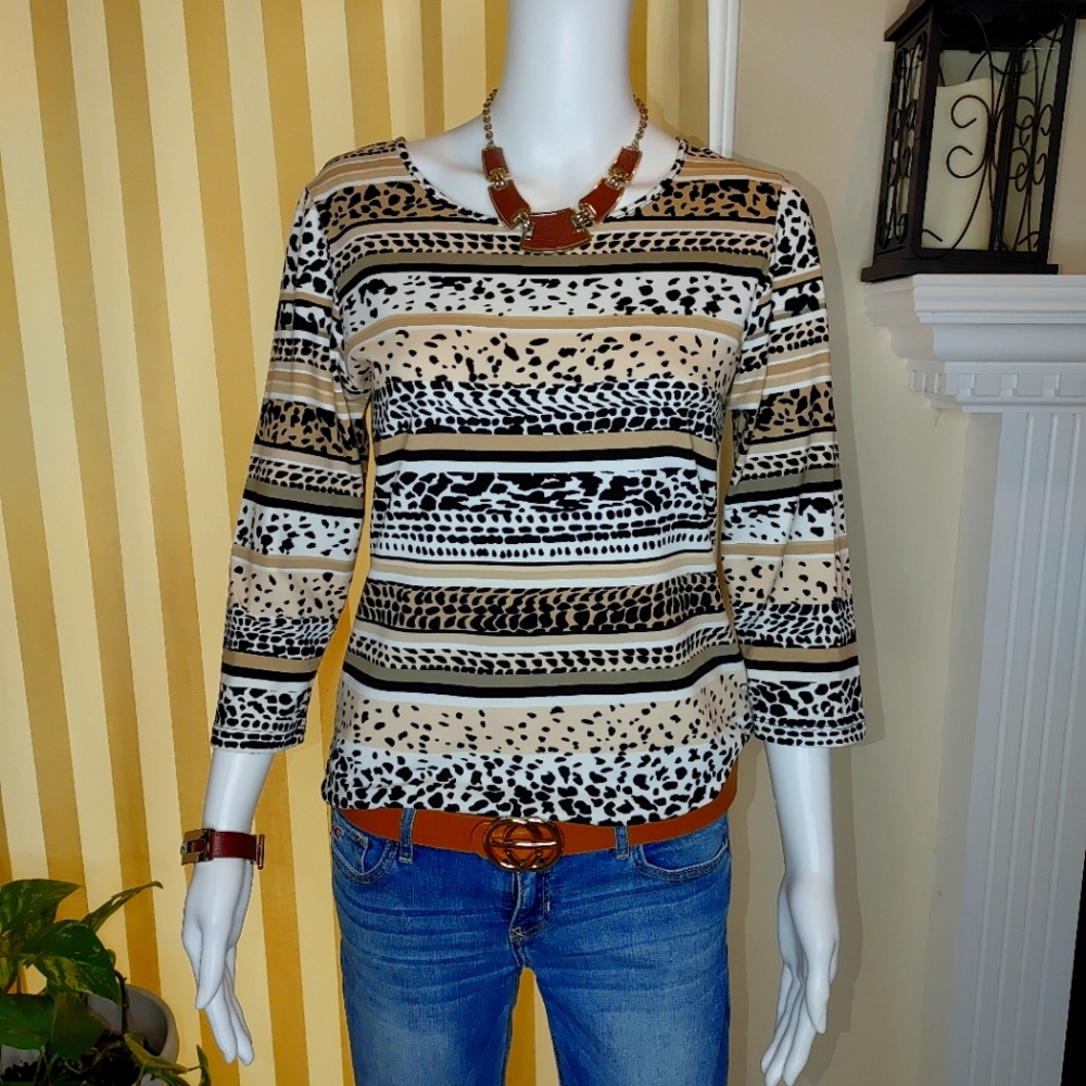 RUBY RD STRIPED ANIMAL PRINT TOP, BROWN/WHITE S